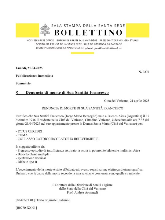 Confirmaron que el Papa Francisco falleció de un derrame cerebral